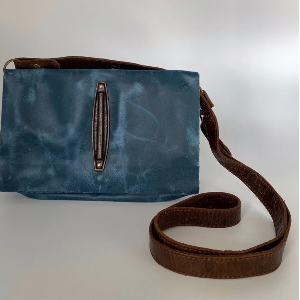 Blue Leather Rectangle Crossbody Bag with antique brass hardware